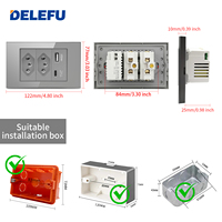 Prise murale intelligente DELEFU avec panneau en verre gris standard brésilien, interrupteur 20A 10A, prise réseau CAT6 et port USB Type-C pour recharge domestique
