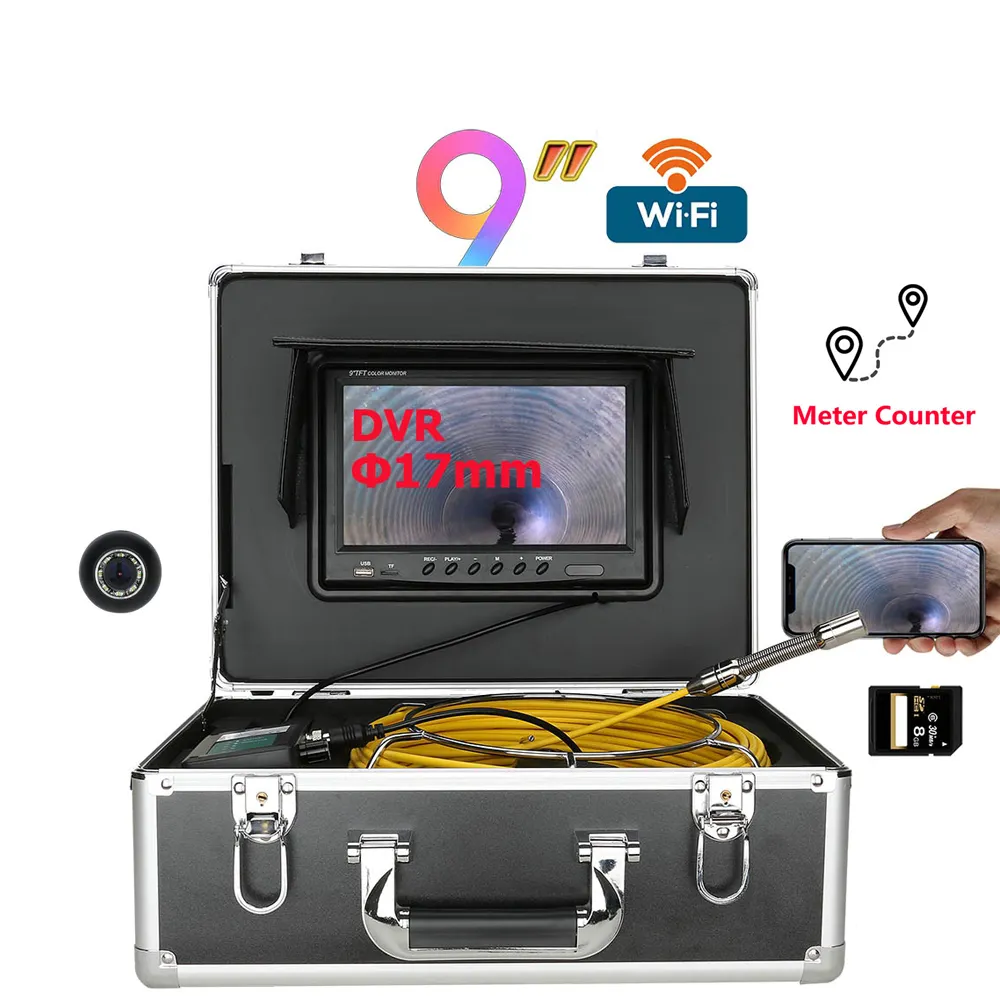 9" Wireless WiFi DVR 20M-50M Pipe Inspection Video Camera 17MM 8GB SD Card Drain Sewer Pipeline Industrial Endoscope Android/IOS