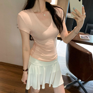 RUICHI 流行街头服饰 V 领 T 恤，莱赛尔羊毛混纺流行短袖夏季女式衬衫 - Product Image 5