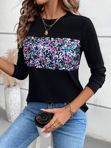 T-shirt a maniche lunghe con colori Slim personalizzati di alta qualità da donna Vintage personalizzato <span class=keywords><strong>top</strong></span> con <span class=keywords><strong>paillettes</strong></span> colorate a manica lunga - Product Image 5