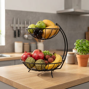 Panier à fruits moderne à double niveau en métal, paniers de rangement de cuisine sur pied, conception soudée durable - Product Image 2