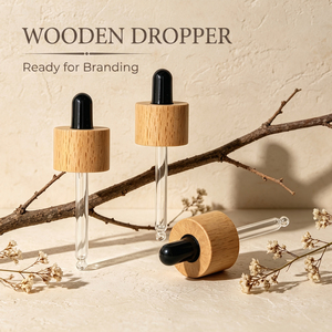 Emballage cosmétique WeWood Vietnam : Flacon compte-gouttes en bois avec pipette en verre et embout en caoutchouc noir, col en bois, pour huiles essentielles et sérums - Product Image 1