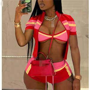 Ensemble sportif sexy 3 pièces Peeqi D10138 pour femme : veste à manches courtes color block + débardeur et short assortis, tenue décontractée au-dessus du genou - Product Image 4