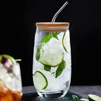 Ensemble de 6 verres Highball, gobelets à boisson en verre, gobelets en verre d'eau de 16 0Z de hauteur avec pailles et couvercles en bambou