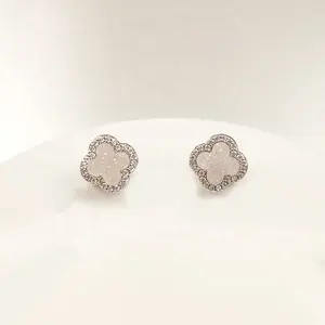 Shamrock White Druzy Earrings Stud in Sterling Silver