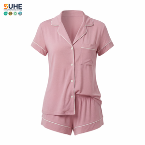 ชุดนอนแขนสั้นผู้หญิง SUHE ชุดนอนกระดุมติดกระดุมพร้อมกระเป๋าแต่งขอบ ชุดนอนกางเกงขาสั้น ใส่สบาย ระบายอากาศได้ดี - Product Image 1