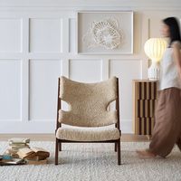 Fauteuil de salon moderne et portable en tricot, avec pieds en bois massif et revêtement en coton crème, pour salon et salle à manger