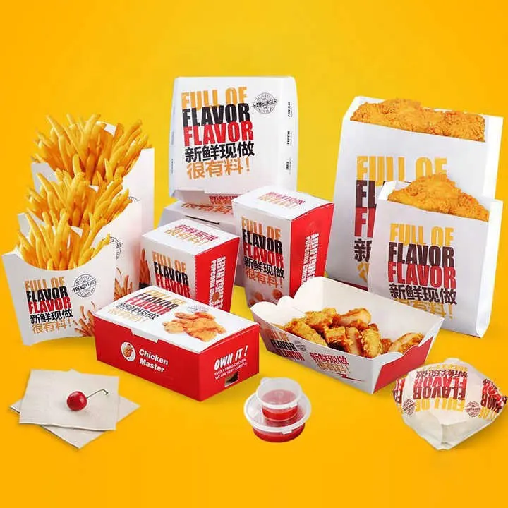 Boîtes alimentaires personnalisées à guichet unique Frites de poulet frit Baril Nuggets Boîte en papier carton à emporter Ensemble d'emballage de restauration rapide