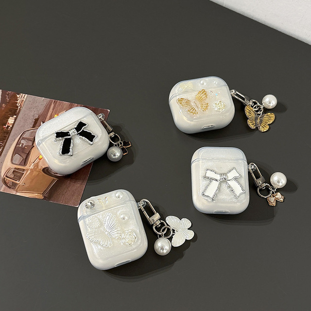 Fashion Glitter Stereoscopic Butterfly Earphones case for AirPods Pro 3 With Exquisite Pearl Pendant Protective Cover Wholesale