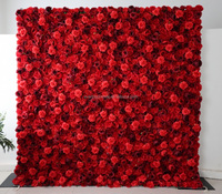 S37 Custom Red Background Decor Rose Floral Wall Backdrop Panel 3d Roll up Fabric Artificial Silk Rose Flower Wall for Wedding