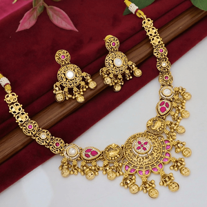 Traditional Gold Plated Antique Temple Jewelry Necklace Set with Pink Kundan Stones and Matching Earrings for Women - Product Image 4