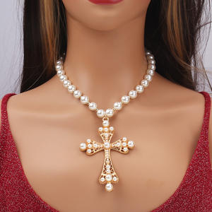 European American <b>Cross</b> Pearl Necklace Gold White Imitation Pearl Pendant Party Clavicle <b>Chain</b> - Product Image 1
