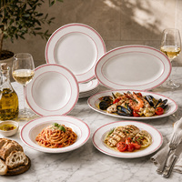 Assiettes à dîner en porcelaine de style européen avec logo personnalisé, vente en gros, ensembles d'assiettes en céramique, bord rouge, style bistrot, pour restaurants et hôtels