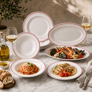 Assiettes à dîner en porcelaine de <span class=keywords><strong>style</strong></span> européen avec logo personnalisé, vente en gros, ensembles d'assiettes en céramique, bord rouge, <span class=keywords><strong>style</strong></span> <span class=keywords><strong>bistrot</strong></span>, pour restaurants et hôtels - Product Image 2