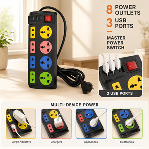 Masaüstü Endüstriyel Bakır Güç Uzatma Prizi 10A 8'li Evrensel Priz Paneli, Ofis Kullanımı için <span class=keywords><strong>3</strong></span> USB Girişli - Product Image 2
