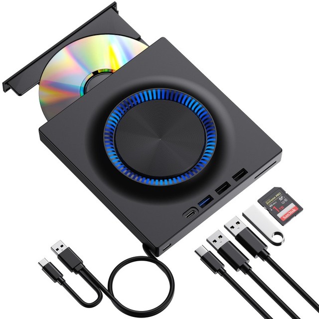 High-Speed Portable BD/CD/DVD Burner Writer Reader for MacBook Pro Air Windows 11/10 Laptop USB Hub Type C XD SD External