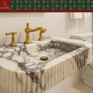 GOLDKING Bathroom Vanity Custom Calacatta Viola Marble <strong>Wash</strong> Basin White Base Purple Grey Veins Fluted Edge CNC Precision - Product Image 2