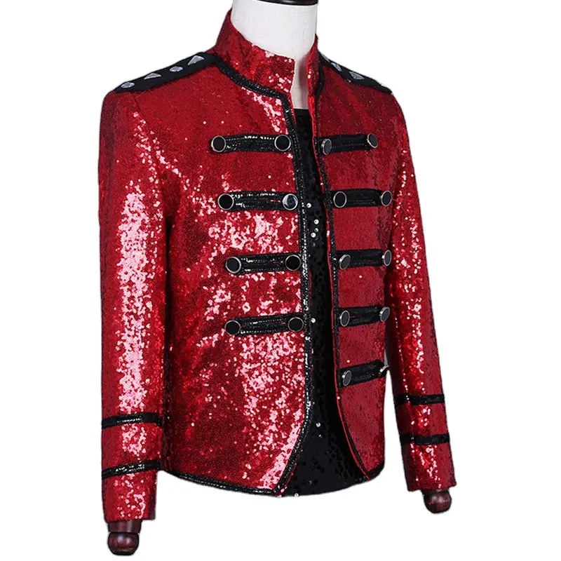Men stand collar suits luxury red sequins coats shiny party costumes men blazers