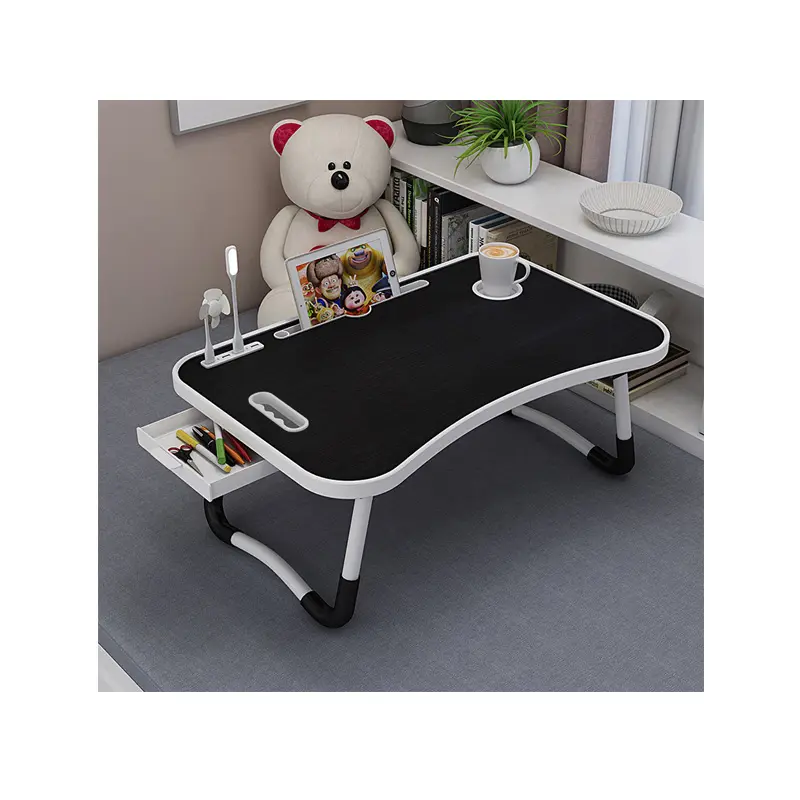 Hot Sale Adjustable Wooden Portable Folding Metal Computer Table Convertible Laptop Desk with Drawer Handle for Bed Use