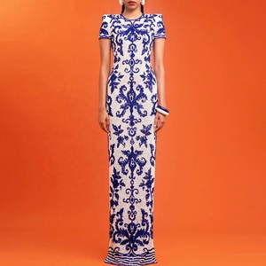 <span class=keywords><strong>Robe</strong></span> longue <span class=keywords><strong>moulante</strong></span> à manches courtes pour femme, imprimé bleu et blanc en porcelaine, élégante <span class=keywords><strong>robe</strong></span> <span class=keywords><strong>de</strong></span> <span class=keywords><strong>soirée</strong></span> pour célébrités - Product Image 1