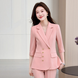 Women's Pink Three Quarter Sleeve Suit Set Office Lady Anti-Wrinkle Daily Commute Work Wear - Product Image 4