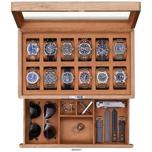 Boîte <span class=keywords><strong>à</strong></span> montres de luxe en bois de noyer avec 12 emplacements surdimensionnés, organiseur de montres pour hommes avec tiroir <span class=keywords><strong>à</strong></span> bijoux et couvercle en verre - Product Image 4