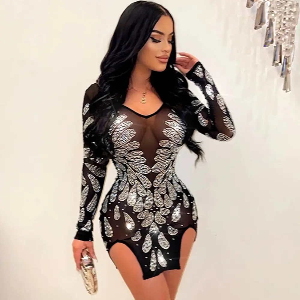 Graceful 2023 new spring women's mini dress long sleeve mesh see through rhinestone backless sequined female sexy clothing lady