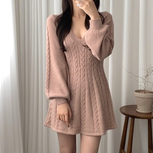 Abito in <span class=keywords><strong>Maglia</strong></span> <span class=keywords><strong>di</strong></span> Lana a Linea A con Scollo a V e Maniche a Campana, Motivo Retrò in Canapa, Moda Primavera-Autunno per Donne - Product Image 2