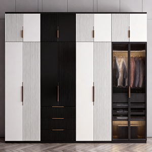 Armoire moderne <span class=keywords><strong>en</strong></span> bois <span class=keywords><strong>noir</strong></span> <span class=keywords><strong>et</strong></span> <span class=keywords><strong>blanc</strong></span> avec portes à panneaux plats <span class=keywords><strong>et</strong></span> poignées métalliques, 4 tiroirs, meuble de chambre à coucher gain de place - Product Image 2