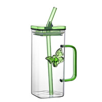 Tasse à café en verre borosilicate multicolore style nordique avec poignée et paille, résistante au lave-vaisselle, avec couvercle, pour la maison, modèle papillon, pour influenceurs