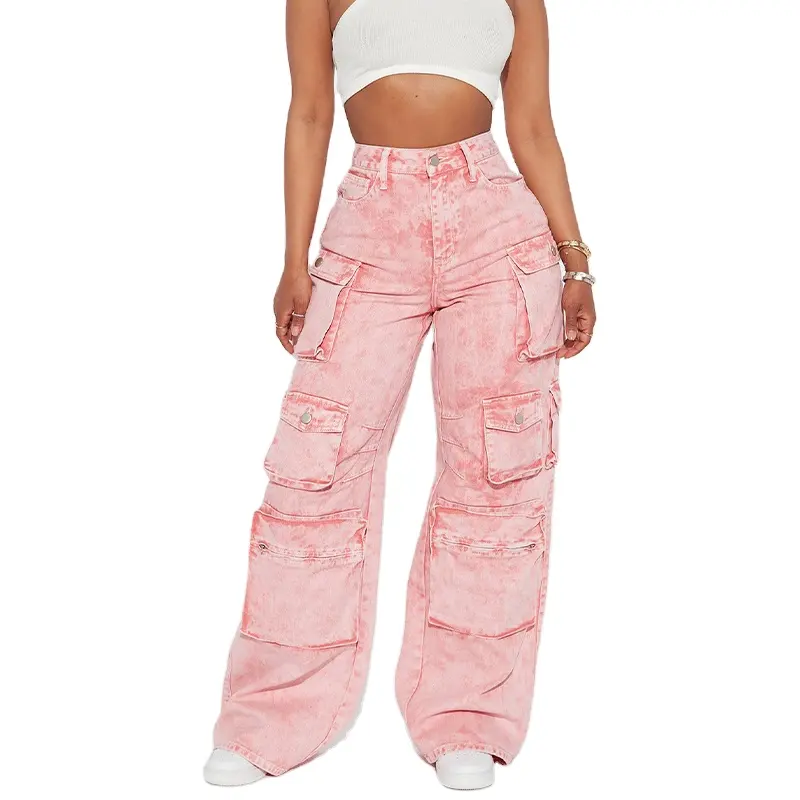 Fashion Women Pink Loose Fit High Waist Cargo Pants OEM Custom Logo Multi Cargo Pockets Denim Jeans