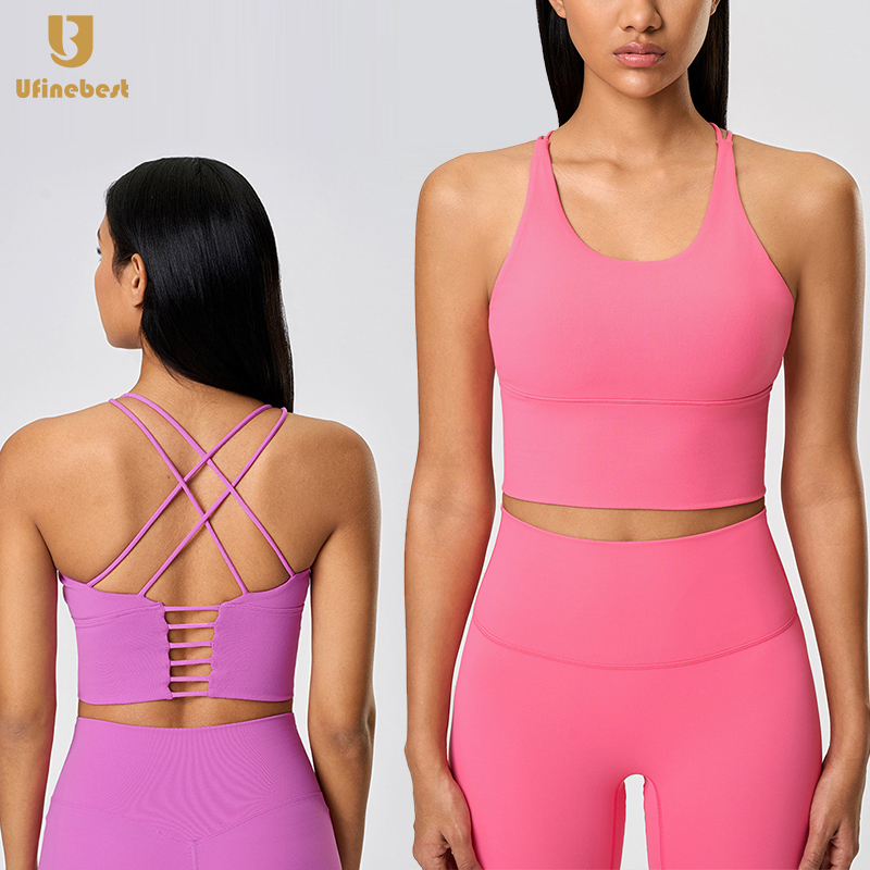 New Style Solid Color Cross Back Sports Underwear Women's Gathering Full Support Padded Wire Free Yoga Sports Bra