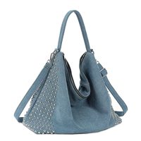 Sac fourre-tout en jean clouté style punk euro-américain avec fermeture éclair, rivets, finition délavée et vieillie, grande capacité, en polyester durable