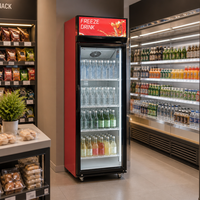 Réfrigérateur vertical de supermarché 380L à porte vitrée simple avec refroidissement par air monté sur le dessus et caisson lumineux publicitaire supérieur