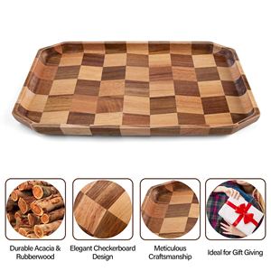 Creative Interlocking Wood Serving <b>Tray</b> Color Blocked Square Pattern For Snacks Coffee <b>Tea</b> Hotel Use - Product Image 5