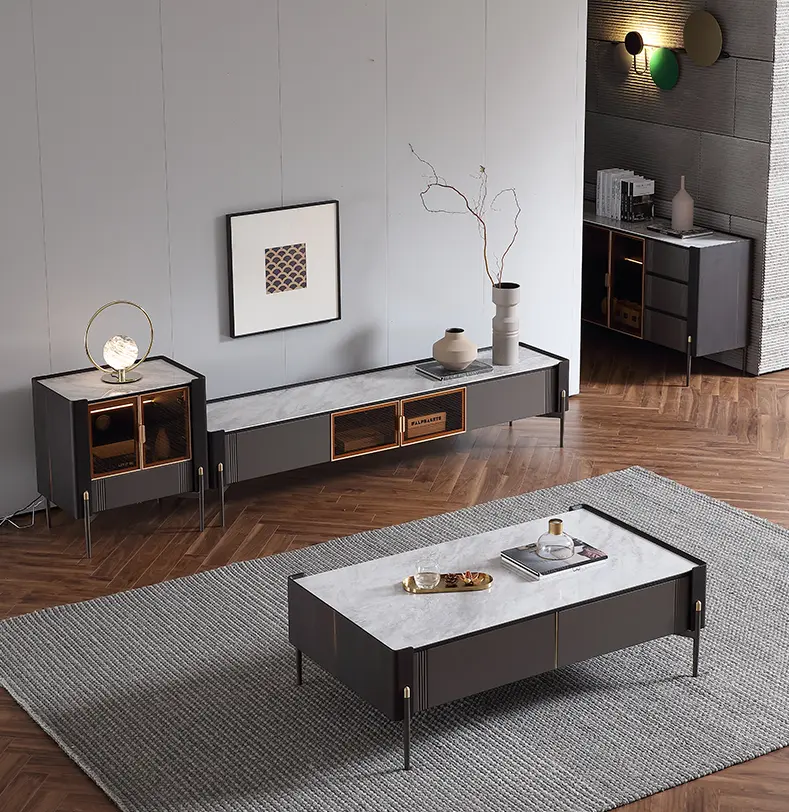 Conjunto de muebles para sala de estar, mesa de tv de lujo de metal, armarios de madera blanca, soporte de tv de vidrio moderno con cajones en venta