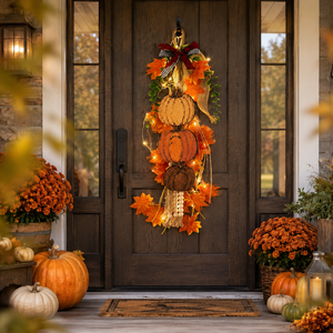 Ghirlanda Rustica Autunnale Stile Fattoria con Foglie d'Acero e Luci LED, Decorazione per Porta e Parete, Addobbo a Forma di Zucca per il Ringraziamento - Product Image 4