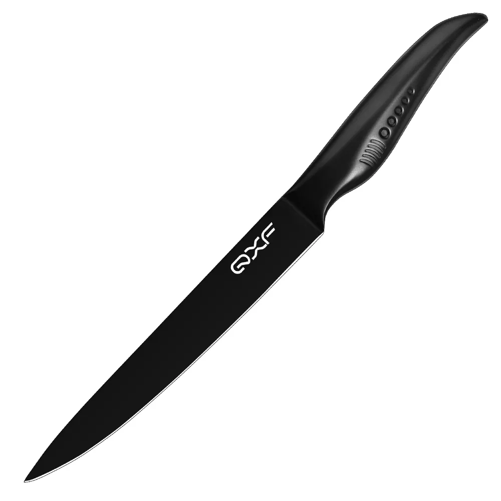 QXF Black Shark Series Black Coating Style 8 Inch Stainless Steel Carving Knife Meat Slicing Knife with Hollow Handle