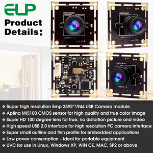 โมดูลกล้อง ELP 5MP Aptina MI5100 CMOS แบบ <span class=keywords><strong>USB</strong></span> พร้อมเลนส์ไม่มีการบิดเบือนสำหรับการอ่าน QR Code/บาร์โค้ด การสแกนเอกสาร/หนังสือเดินทาง - Product Image 5