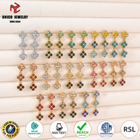 Pendientes de Trébol de Cristal Multicolor de Lujo Ligero, Acero Inoxidable, Chapado en Oro de 18K PVD, Pendientes de Tenis Arcoíris, Joyería para Mujer