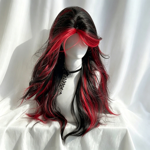 Vente directe usine Perruque longue bouclée avec mèches rouges, style Lolita sombre, en fibre haute température, pour femme - Product Image 1
