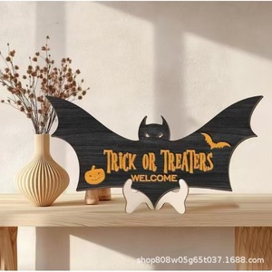 Halloween <b>Wooden</b> Bat <b>Sign</b> Trick Or Treaters Welcome <b>Home</b> Desktop Decoration Animal Shape Retro Color Solid Wood Prop - Product Image 4