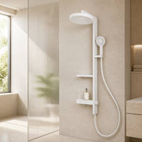 Colonne de douche murale en acier inoxydable blanc avec pommeau de pluie, douchette à jet doux, support de rangement et commande à bouton-poussoir pour hôtel