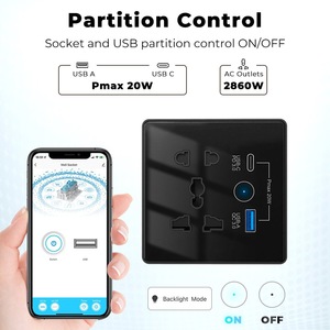 Universal <strong>Sockets</strong> App Remote Control Tuya EU USB Fast Charger Type-C WiFi <strong>Smart</strong> <strong>Wall</strong> <strong>Socket</strong> 2 Outlets Glass 13A/10A IP18 1.8m - Product Image 4