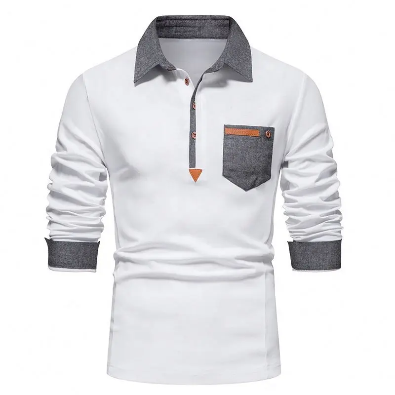 Gran oferta, camisetas de golf con logotipo bordado y estampado personalizado, camisetas polo de manga larga informales con bolsillo frontal a la moda para hombre