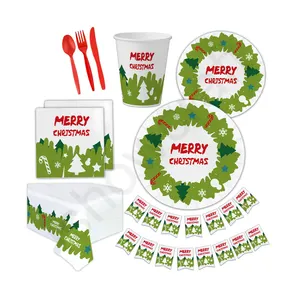 Pohon Natal kustom grosir unik kertas alat makan Selamat Natal promosi sekali pakai perlengkapan pesta peralatan makan untuk liburan
