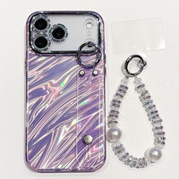Nouvelle coque de téléphone électroplaquée avec support de poignet en fil de plume et bracelet de perles pour iPhone 17 Pro Max, 18 Pro Max, 16