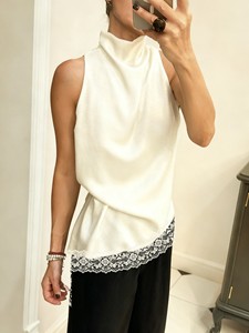 Summer New Design Lace Asymmetrical Casual <strong>Halter</strong> <strong>Satin</strong> Women's Tank Top - Product Image 2