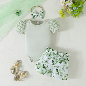 Children's Clothing Baby Girls Solid <b>Bubble</b> Sleeves Jumpsuit Shorts Headscarf Set Casual Two-piece Breathable Soft - Product Image 1