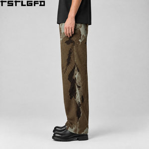 Pantalones Plisados de Camuflaje Personalizados para Hombre, Color Marrón Crema, Estampado de Tonos Tierra, Pierna Recta, Cintura Elástica, Estilo Urbano Y2K, Venta al Por Mayor - Product Image 3